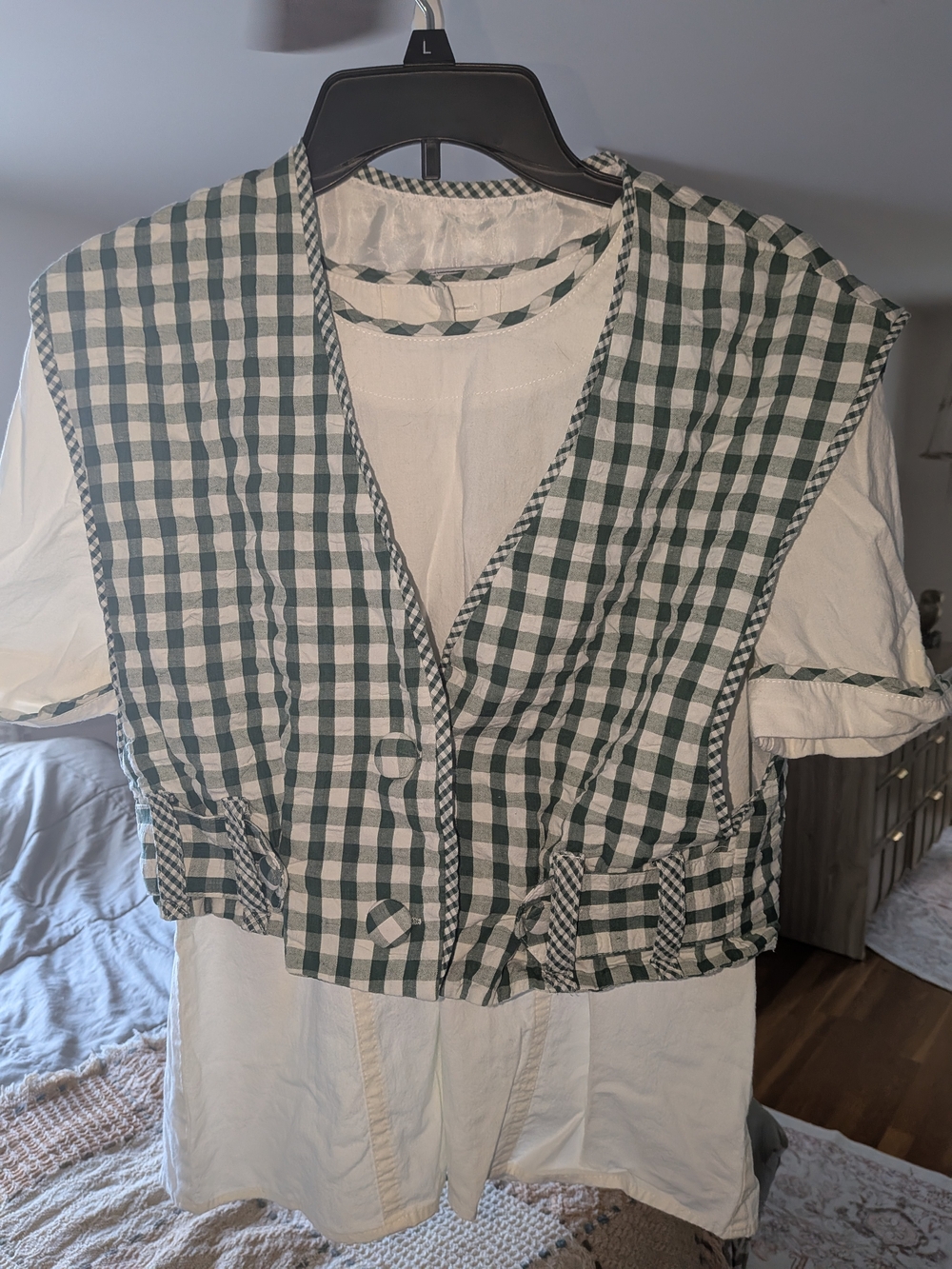 Green and White Gingham Cropped Vest With Shirt
